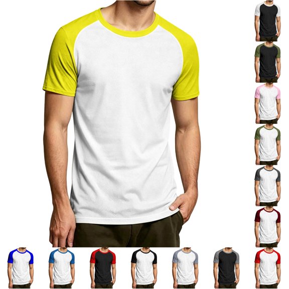 ZHOGXU Father's Day T Shirt For Man Short Sleeve Round Neck Color Blocked Breathable Comfortable Relaxed Fit Top For Casual Daily Wear,Yellow,S
