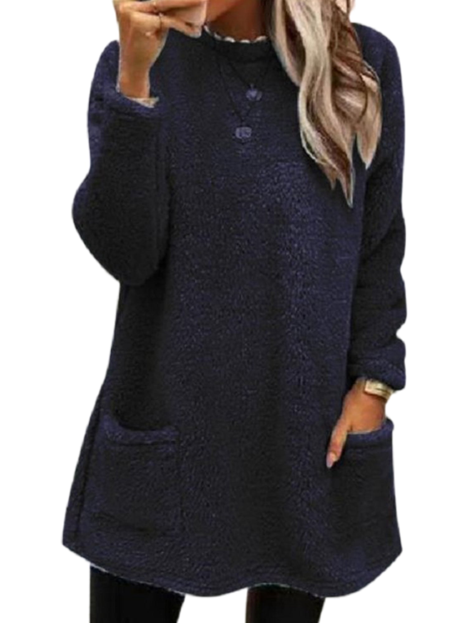 LUXUR Women Fuzzy Fleece T Shirt Loose Work Tops Navy Blue L