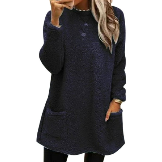 LUXUR T-Shirt en Molleton Doux pour Femmes, Ample, Bleu Marine, TG