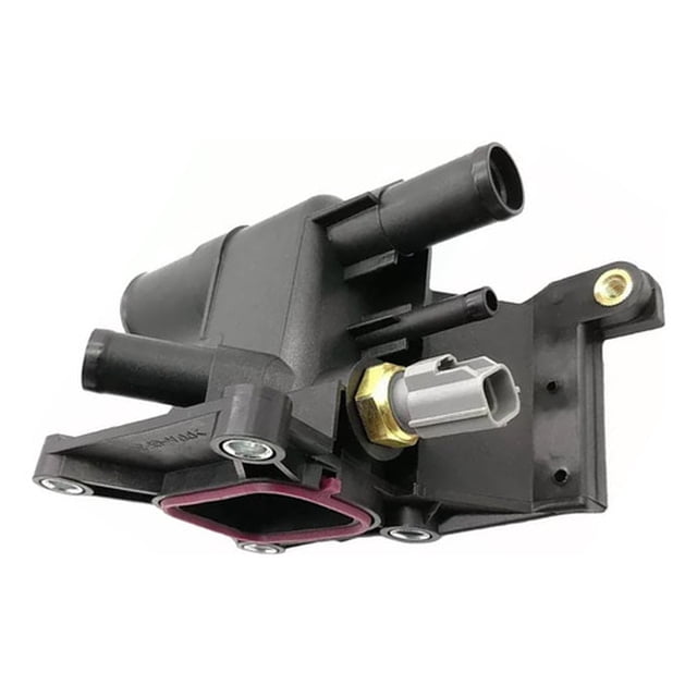 toma de agua con sensor de temperatura mazda 3 y mazda 5 carcasa plástica negra en vista frontal con tres salidas tubulares, conector eléctrico gris en el sensor y sello rojo en la brida; repuesto número 100-025 / LF941517Z compatible con Mazda 3 (2.0/2.3/2.5) y Mazda 5 (2.3/2.5).