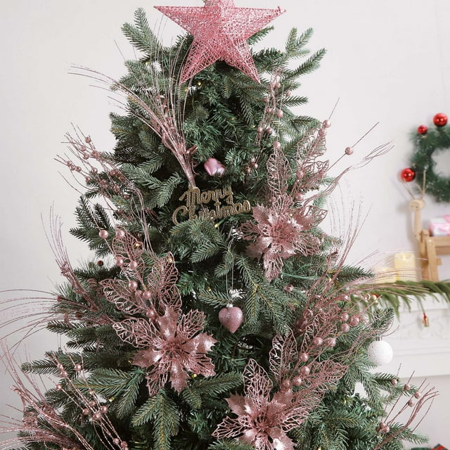 XYAIYT 3 Pack Christmas Tree Decorations Simulated Flower Picks Plastic Shatterproof Flexible for Wreaths Garlands Table Centerpieces Mantel Hanging Indoor Ornaments Rose Gold