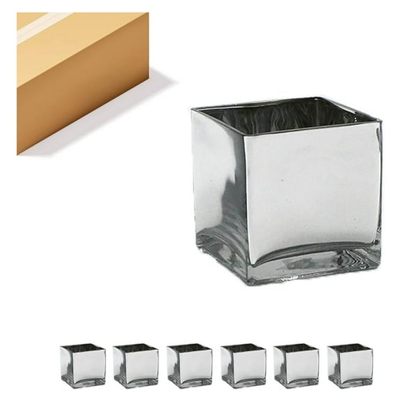 Glass Cube Vases - 6x6x6 Silver Set of 6 - Floral Centerpieces, Candle Holders, Terrariums, Event Decor, Home & Office Accents