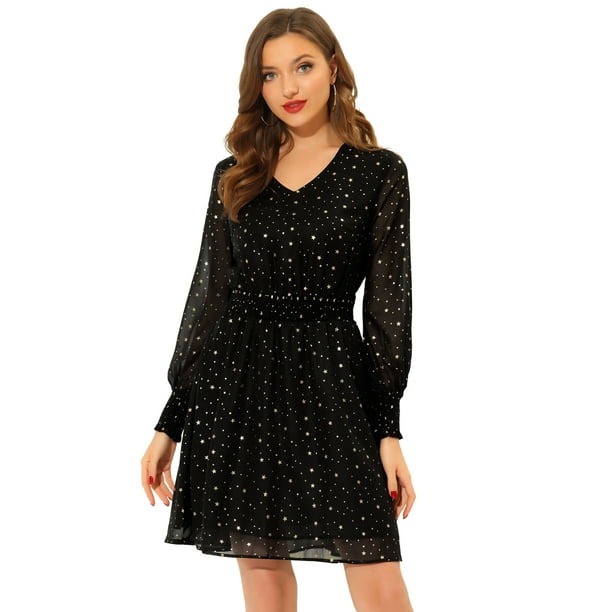 Vestido de mujer de gasa con cintura fruncida y manga larga con estrellas brillantes Negro M Allegra K Alinear Walmart en linea