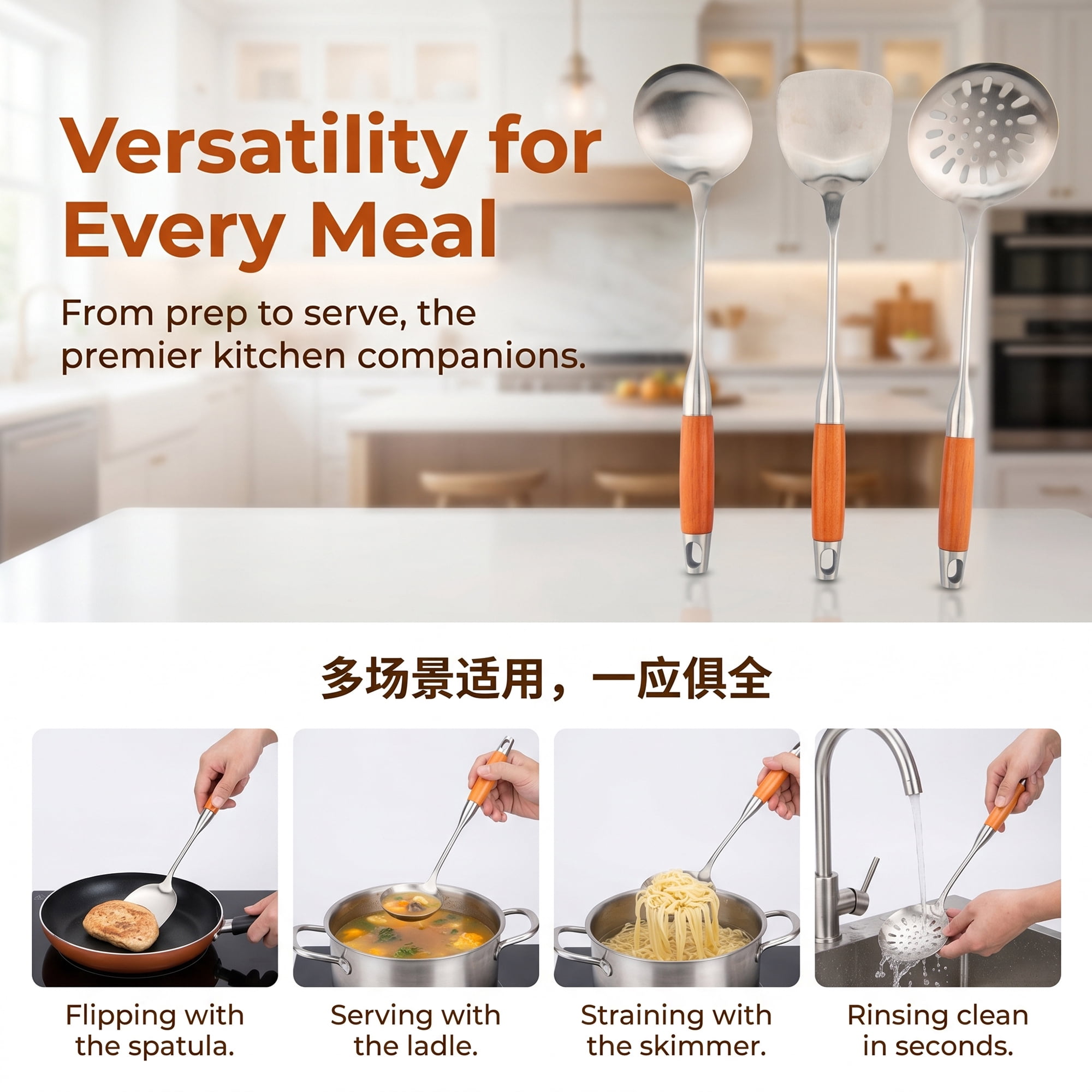 Unique Bargains Essential Stainless Steel Cooking Utensil Set for Cooking Brown C 3pcs