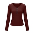 thumbnail image 4 of VEKDONE Womens Sexy Tops Long Sleeve Zipper V Neck Shirts Ribbed Knit Low Cut Tops Fall Stretch Slim Fit Shirts Solid Color Fashion Blouses Wine XL, 4 of 7