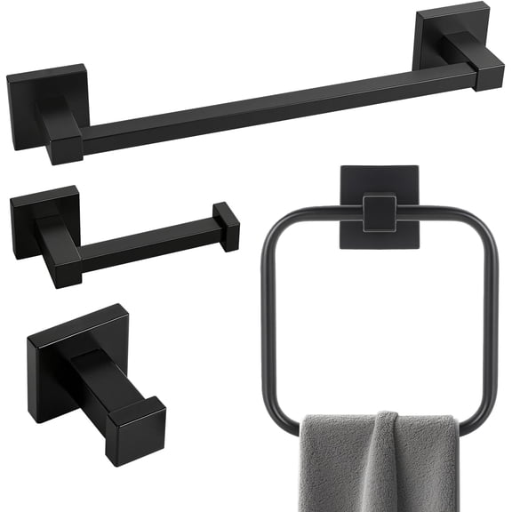 Matte Black Bathroom Hardware Accessories Set 4 Pieces SUS304 Stainless Steel Towel Rack Holder Wall Mounted-18 Inch Bar Toilet Paper Holder Square Ring Hook