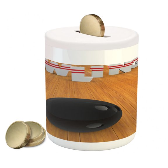 Bowling Party Piggy Bank, Bowling Alley with Skittles and Ball in Position Hobby Print, Ceramic Coin Bank Money Box for Cash Saving, 3.6" X 3.2", Pale Brown Black White, by Ambesonne