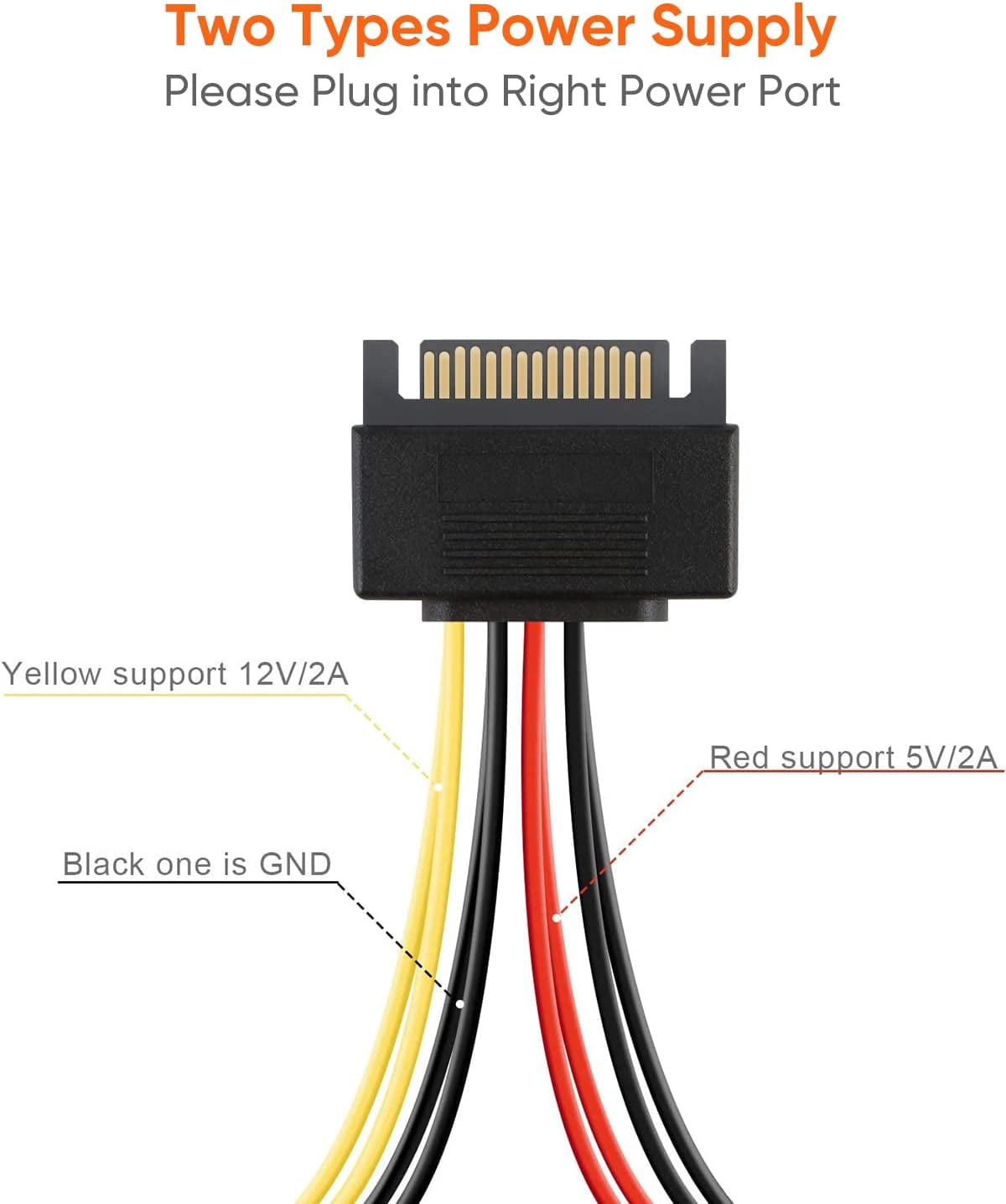 HRTGFD-SATA Power Cable, [2-Pack] 6-Inch SATA 15 Pin Male to 2xSATA 15 Pin Down Angle Female Power Splitter Cable
