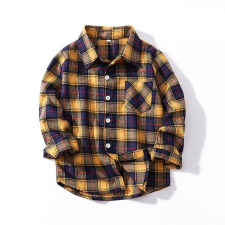 Otqutp Kids Long Tops 1-10 Years Little Boys Girls Baby Flannel Shirt Jacket Long Sleeve Button Down Flannel Shirt Plaid Tops with Pocket(Yellow-A 2-3 Years)