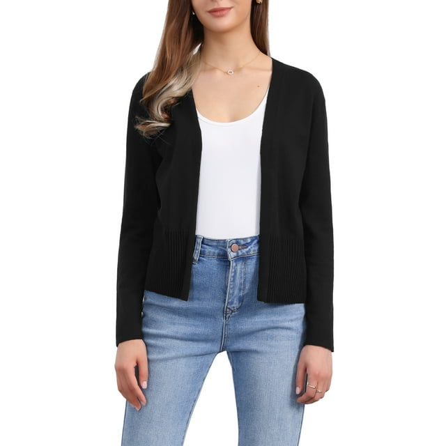 Suéter cárdigan casual INSPIRE CHIC para mujer, de frente abierto, de manga larga, con peplum, tejido, color negro