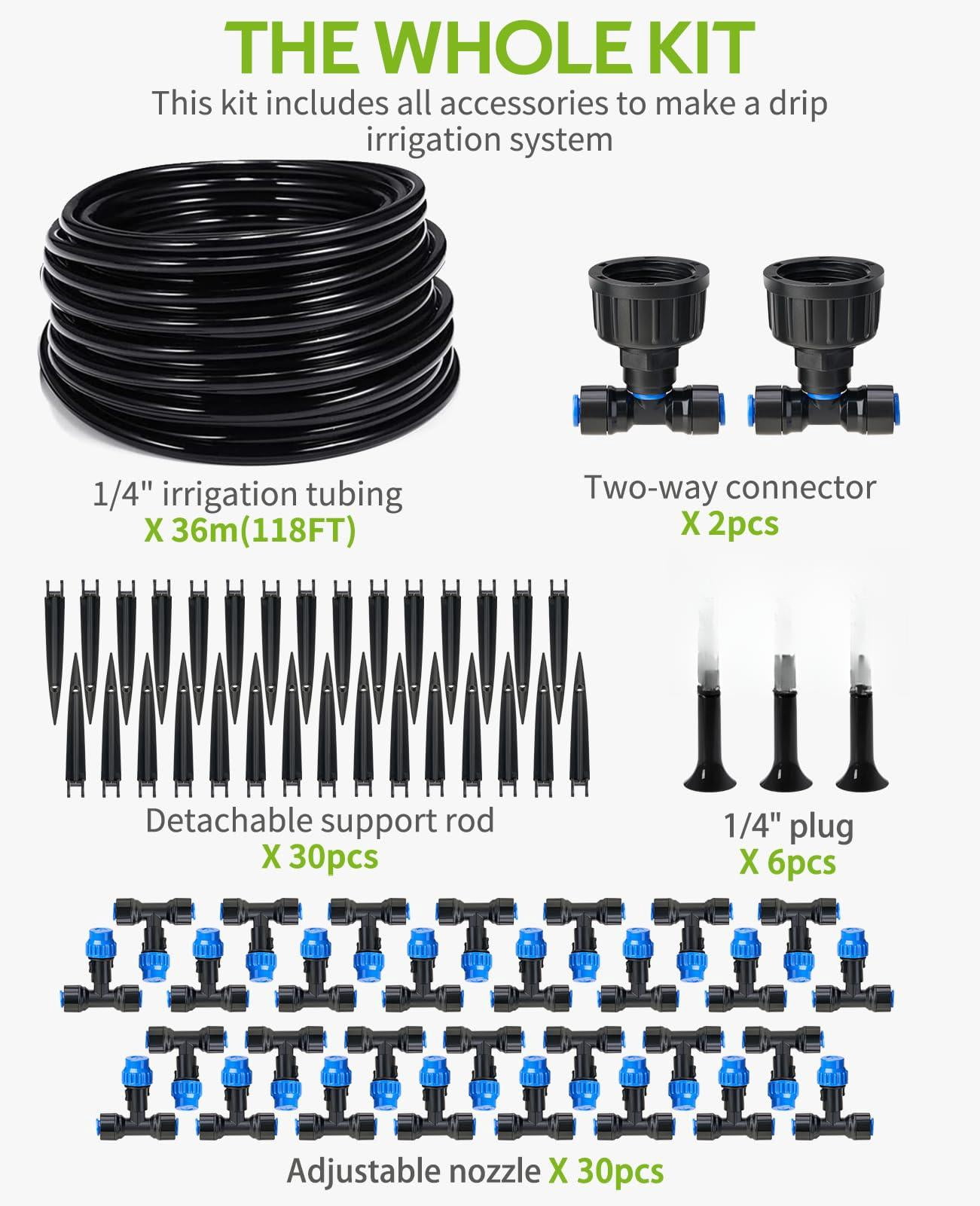 118ft Greenhouse Misting Drip Irrigation Kit  Quick Connector Design System With 1/4" Tubing And Adjustable Nozzles For Hanging Plants Garden Watering Raised Bed