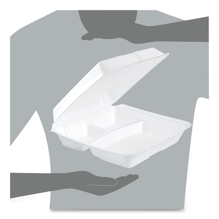 Foam Hinged Lid Containers, 3-Compartment, 9.25 x 9.5 x 3, White, 200/Carton Foam Hinged Lid Containers, 3-Compartment, 9.25 x 9.5 x 3, White, 200/Carton