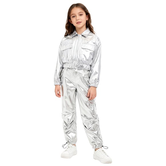 vastwit Girls Shiny Jazz Hip Hop Crop Top with Wide-Leg Pants Street Dance Outfits for Dance Competitions Performance Silver 6