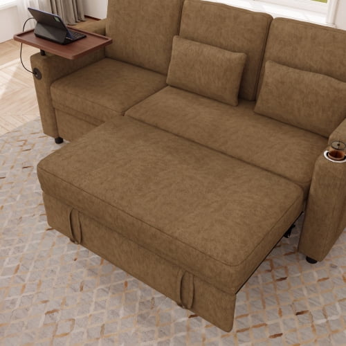 81" 3-in-1 Convertible Sofa Bed, Electric Recliner & Sleeper with Table, USB Ports, Storage Armrests, Chenille, 6 Adjustable Positions, khaki