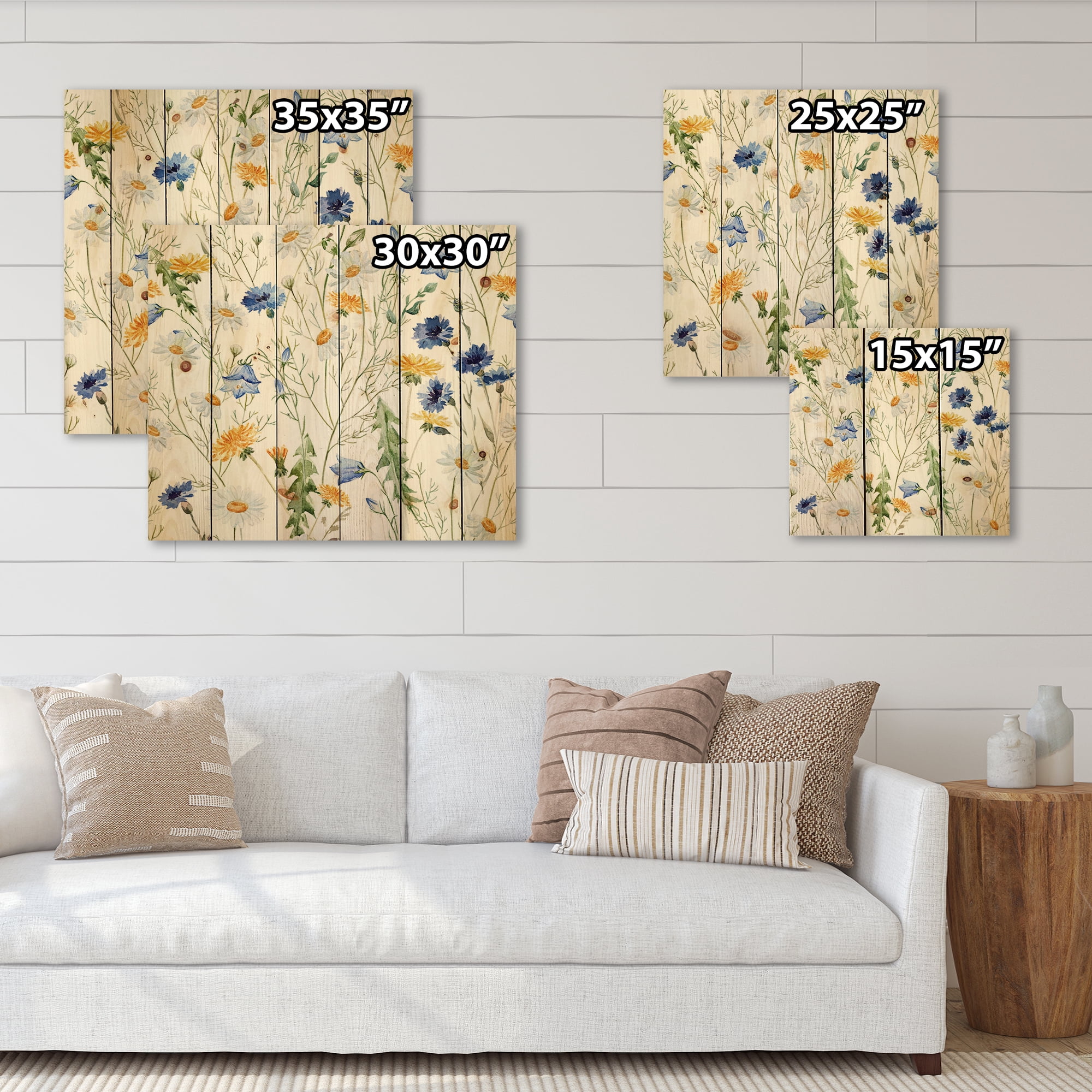 Designart 'Wildflowers Clover Bell and Chamomile II' Traditional Print on Natural Pine Wood