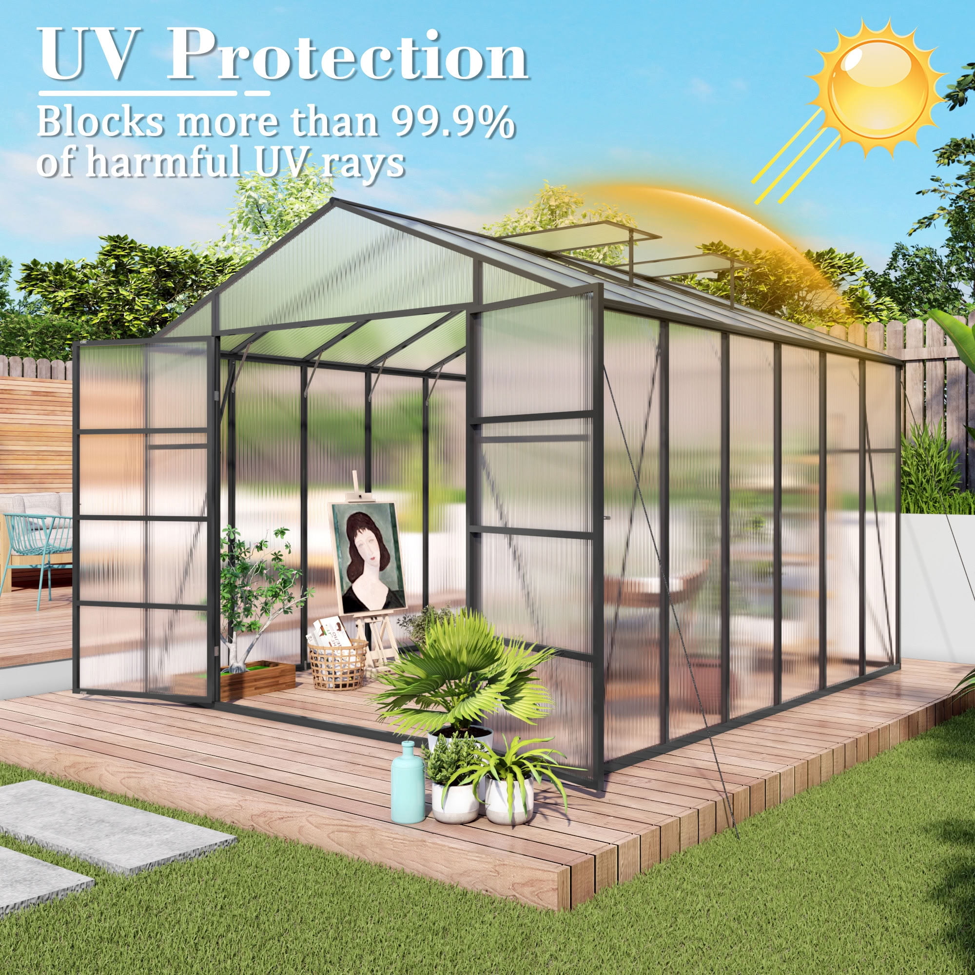 MAYEERTY 10x12 FT Walk-in Greenhouse with Raised Base & Anchors, All-Season Windproof Greenhouse with Drainage System for Backyard, Garden & Patio