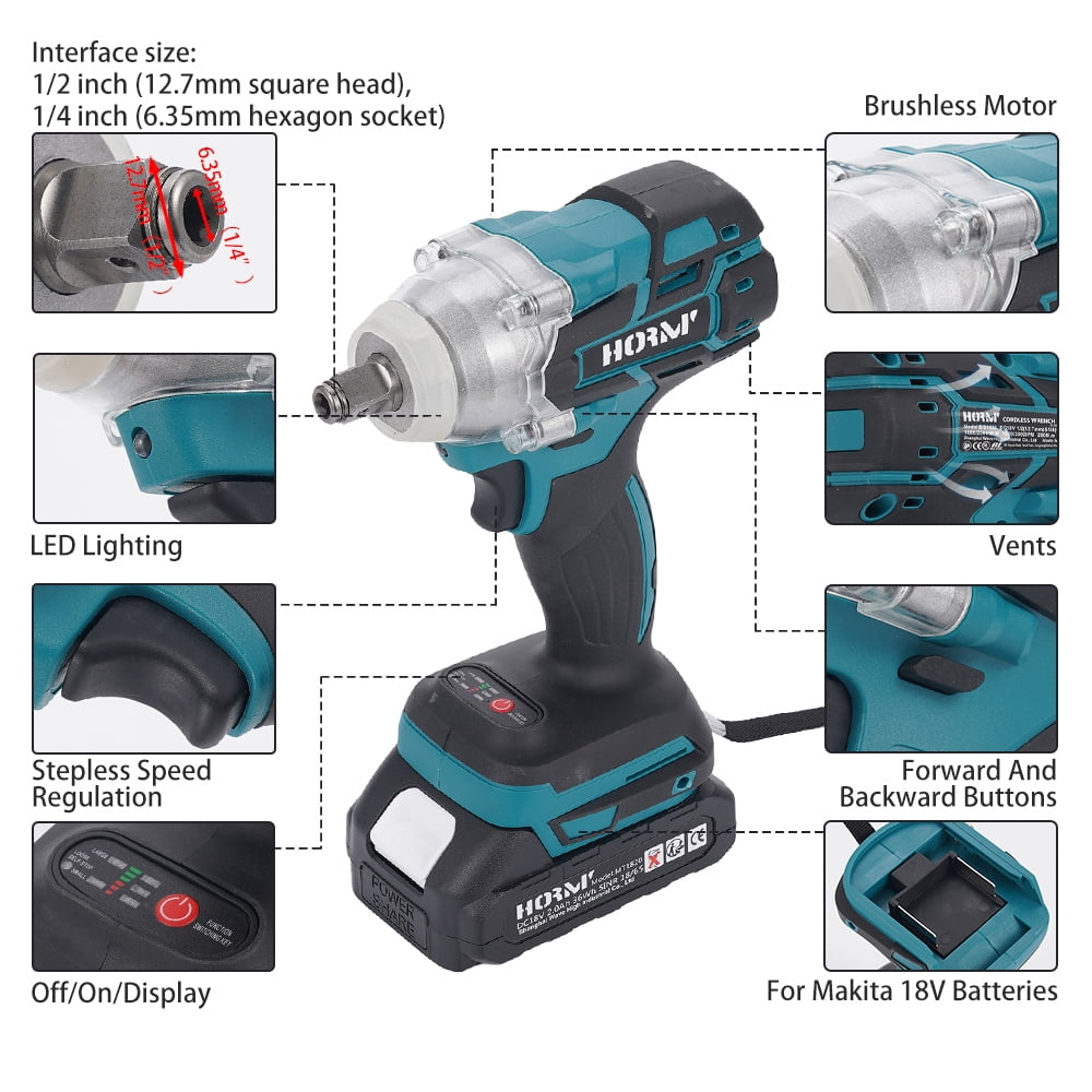 Hormy Cordless Impact Wrench, 1/2 inch Wrench with Two 2.0Ah Batteries 18V Brushless Motor & LED Lighting for Home Car Tire Lug Nut Removal Tool