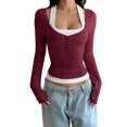 thumbnail image 3 of Lumistal Women's Long Sleeve Shirts Low Cut Slim Fit T Shirts Y2K Going Out Tops for Women Cropped Top Basic T-Shirt Tee Streetwear Daily Wear Wine M, 3 of 7