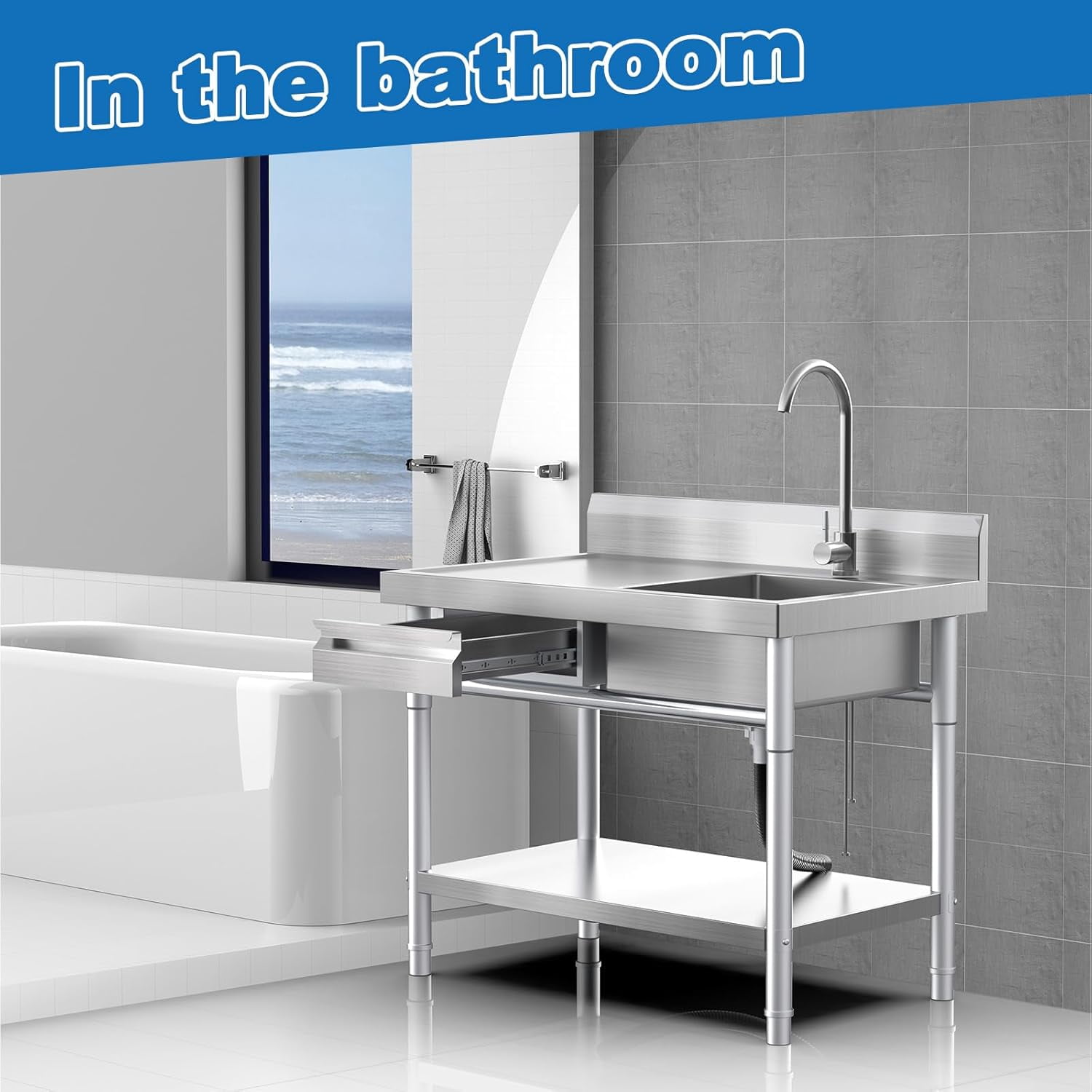 Stainless Steel Utility Sink Freestanding Single Bowl Laundry Sink With Hot And Cold Water Plumbing Workbench Drawers For Laundry Room Farmhouse Indoor And Outdoor Sink