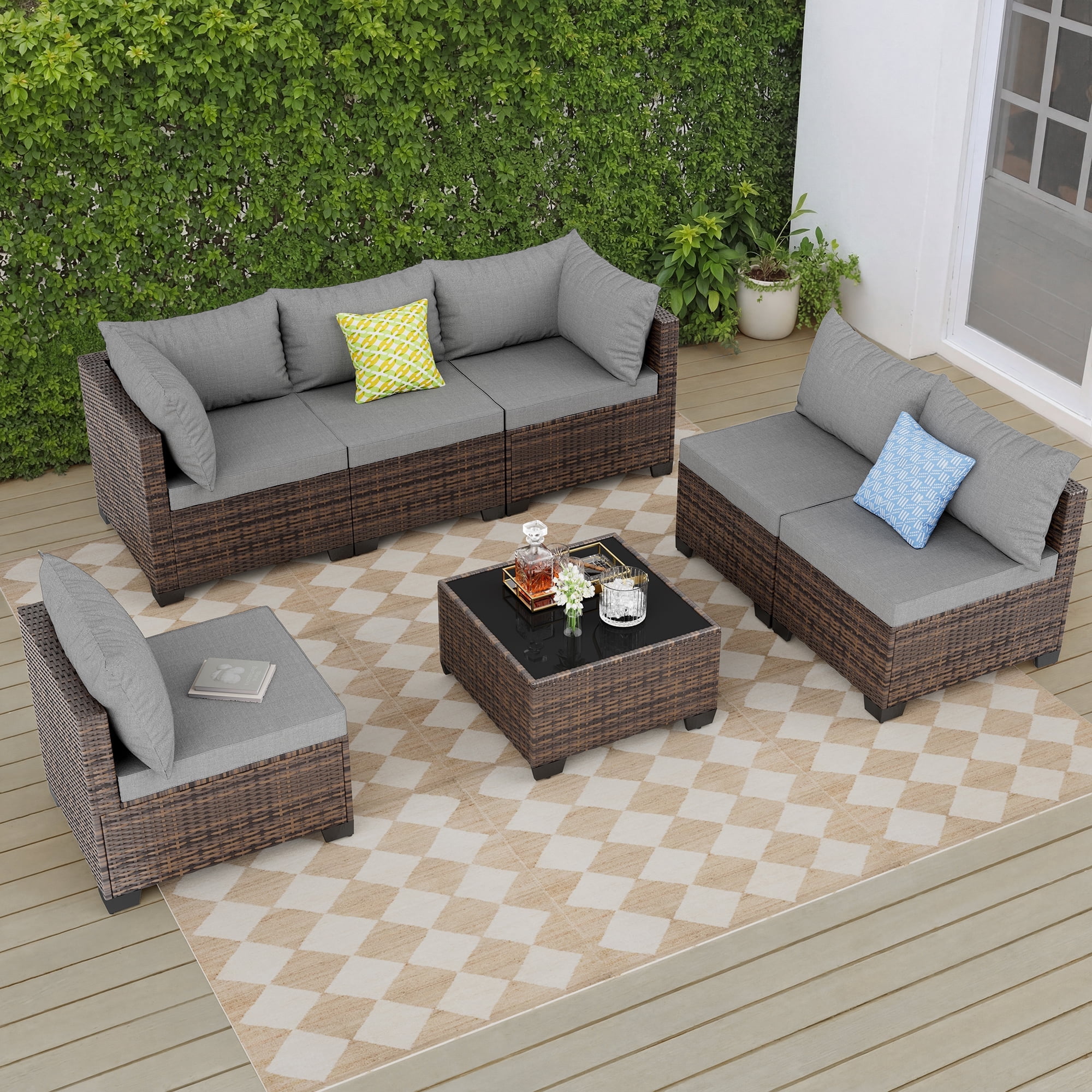 JORVIMAX 7 Piece Patio Furniture Set Outdoor Conversation Sets All-Weather Brown Rattan Wicker Patio Sectional Sofa with Cushions Light Gray