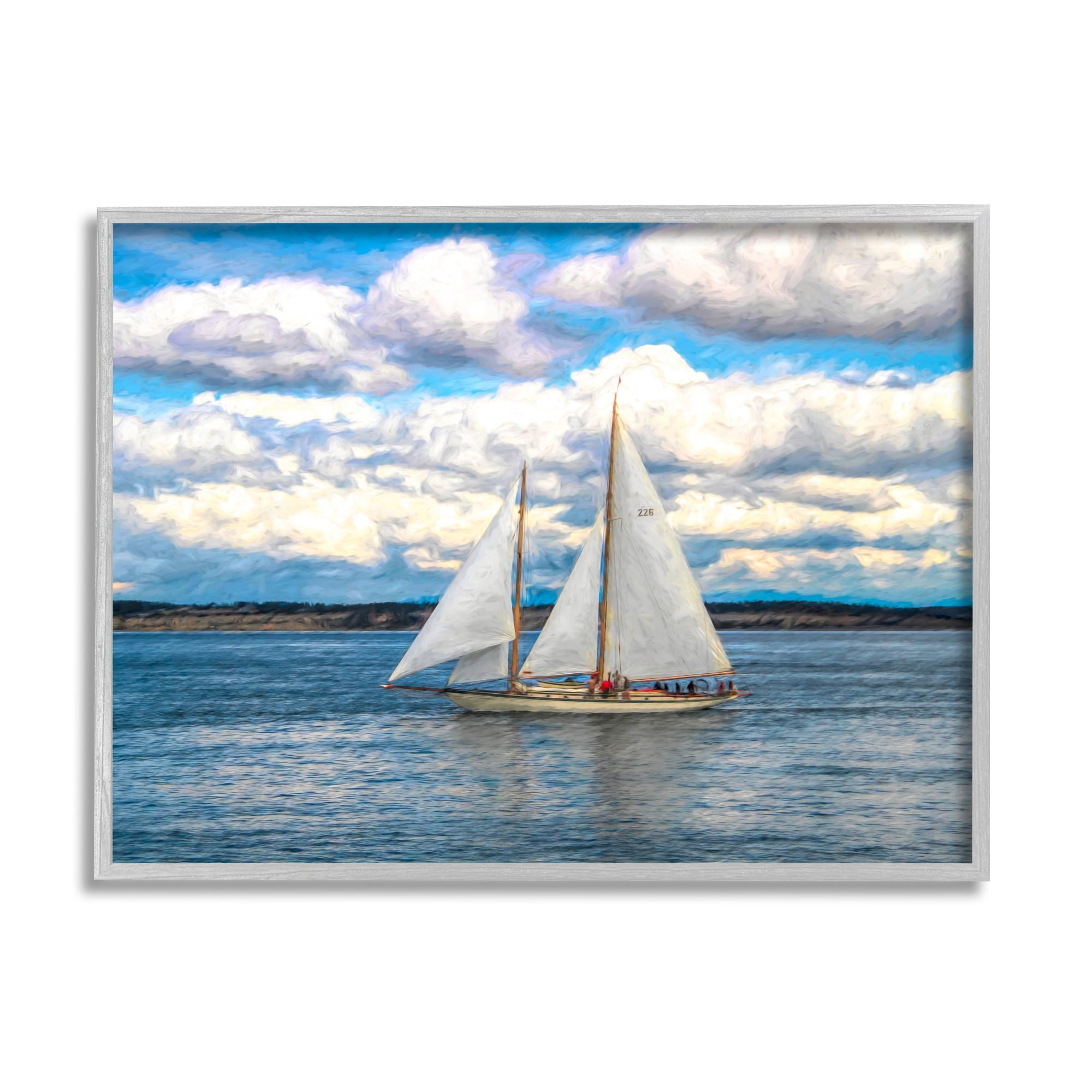 Stupell Industries Quaint Sailboat Floating Ocean Fluffy White Clouds Framed Wall Art, 20 x 16, Design by Nan