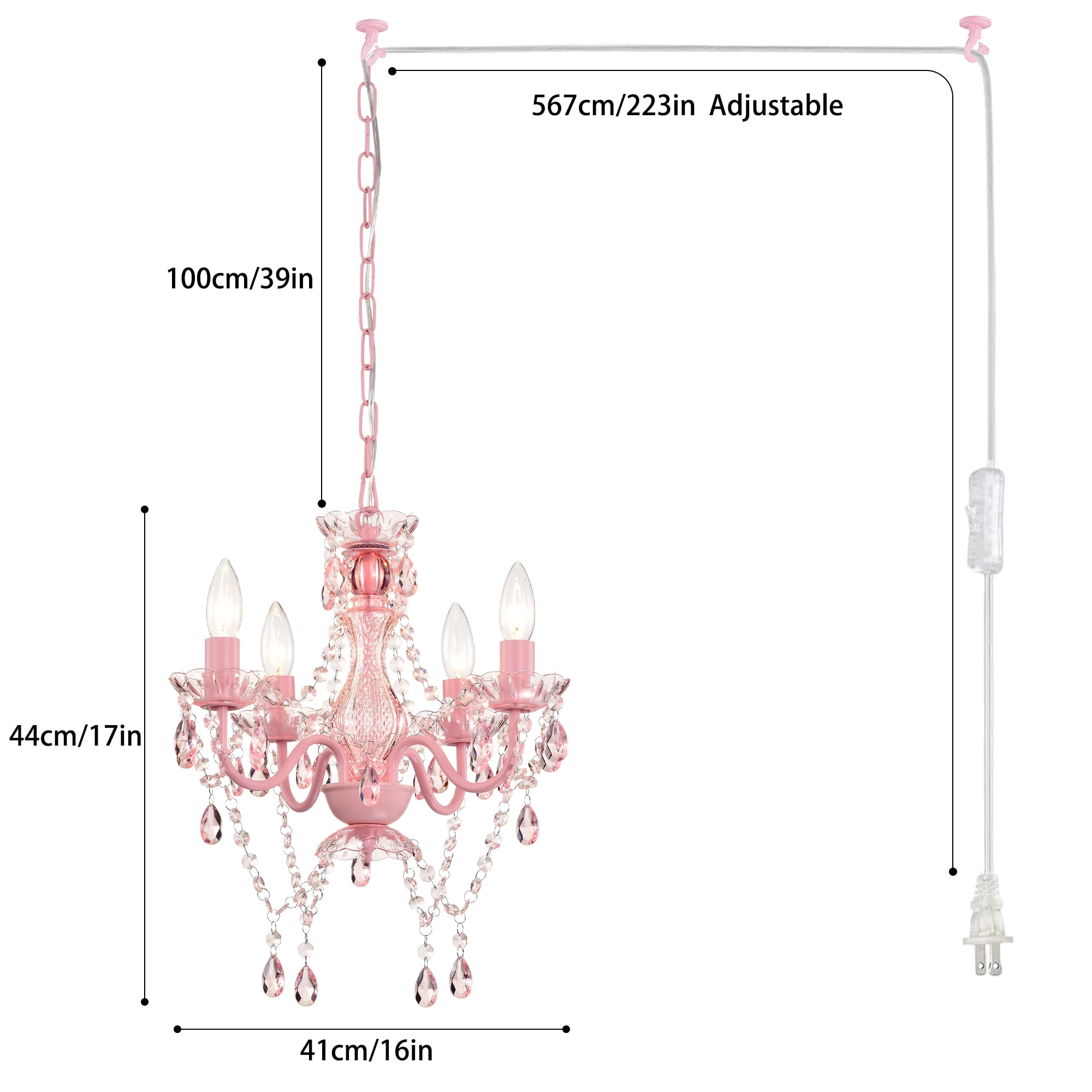 LALULA Modern Pink Finish Plug-In Crystal Chandelier 5-Light Acrylic Hanging Light Fixture with Cord for Bedroom Dining Room