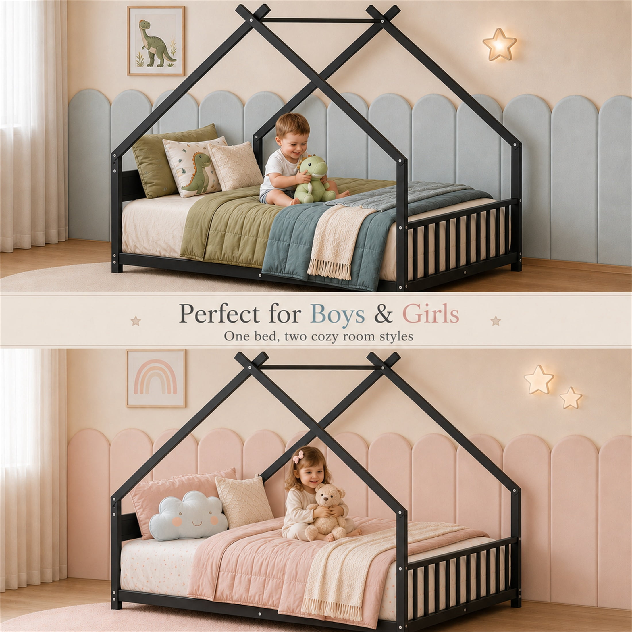SESSLIFE Montessori Floor Bed, Twin Size Toddler Bed with Roof and Guardrail, House-Shaped Design, No Box Spring Needed, Toddler Bed Frame for Kids, Black