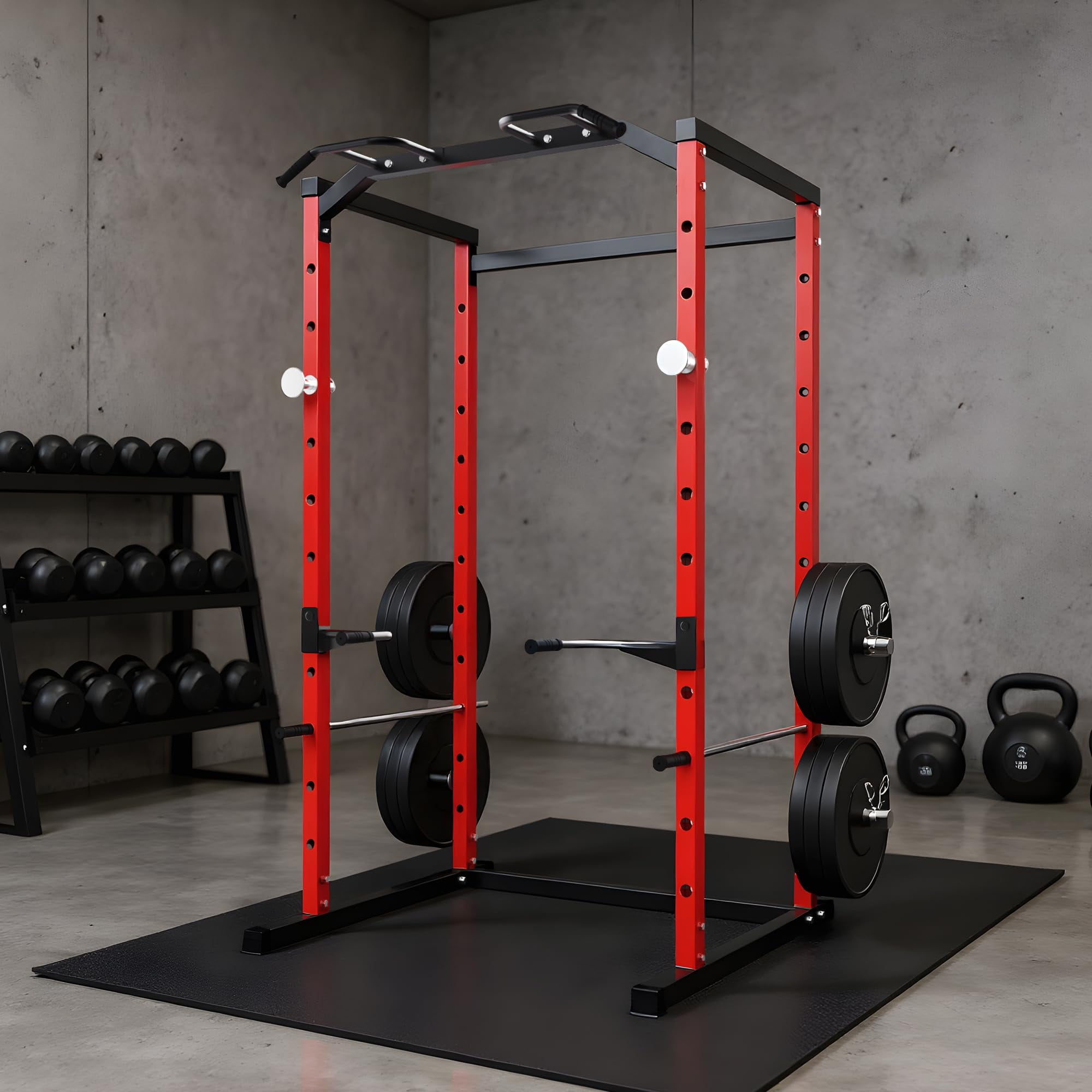 Accreate Heavy Duty Squat Rack Power Cage, Strength Training Power Cages for Home Gym, 1100 LB Capacity Power Rack with Pull-Up Bar, Dip Bars, Adjustable Safety Spotters, J-Hooks, Plate Storage