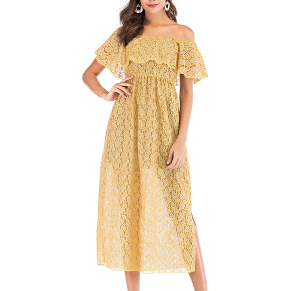Tauxra Women Lace Midi Dress for Dates, Romantic Off the Shoulder Ruffle Sleeve Smocked Waist Flowy Dress with Split Hem, Elegant and Comfortable Spring Summer Dress foWear