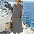 thumbnail image 4 of Gamivast Dresses for Women Linen Wrap V Neck Short Sleeve Midi Dress Tie Waist Flowy Sundress Casual Dress Beach Dress Vacation Dress Summer Gray XXL, 4 of 7