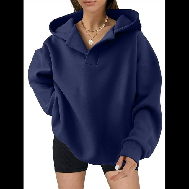 Sudadera con Capucha de Gran Tamaño para Mujer, Cuello en V, Forro , Larga, Estilo Y2K, Ropa de Otoño A Azul Marino M