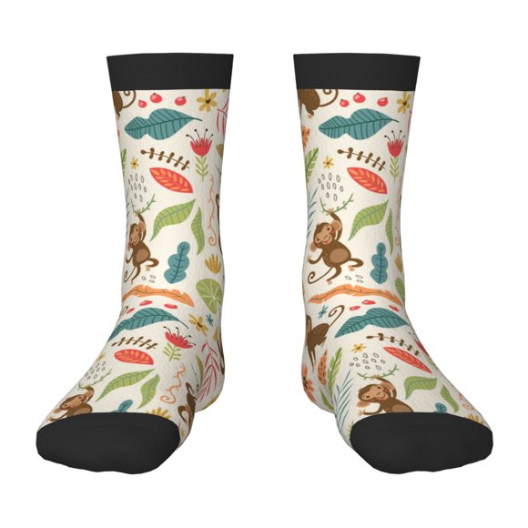 Wukai Monkeys in the Jungle for Children's Mid-tube Socks, Elastic Contrast Color Sports Socks, Suitable for Boys and Girls Aged 6-10