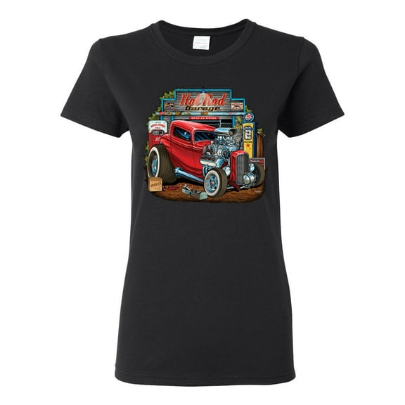 Vintage Hot Rod Old Garage Cars and Trucks Womens Graphic T-Shirt, Black, Small