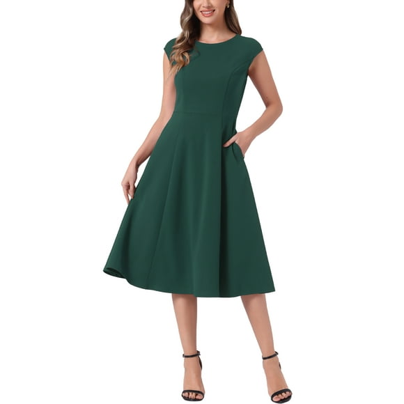 INSPIRE CHIC Women's Work Dress Cap Sleeve Elegant Cinched Waist A Line Dresses M Gray Green