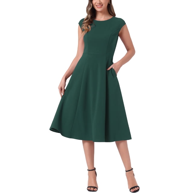 Allegra K Robe de Bureau pour Femmes Manches Courtes Élégante Taille Cintrée Robe Trapèze TG Gris Vert
