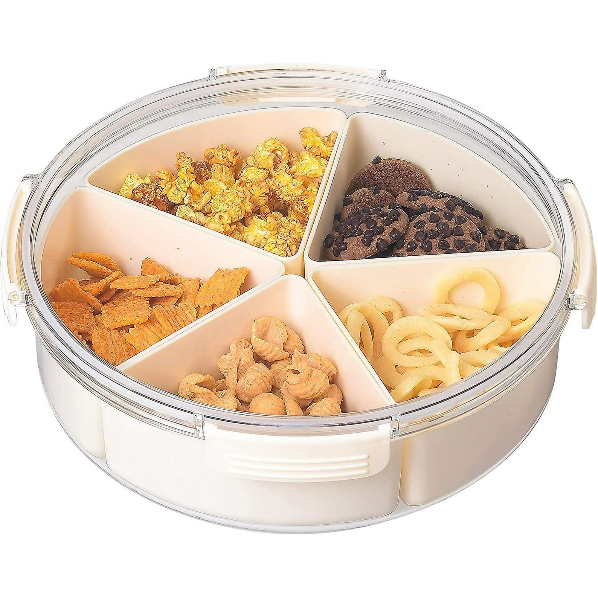 Hefeisuimishangmaoyouxiangongsi White Round Plastic Divided Serving Tray With Lids 5 Individual Dishes Food Storage Containers Serving Tray For Snac