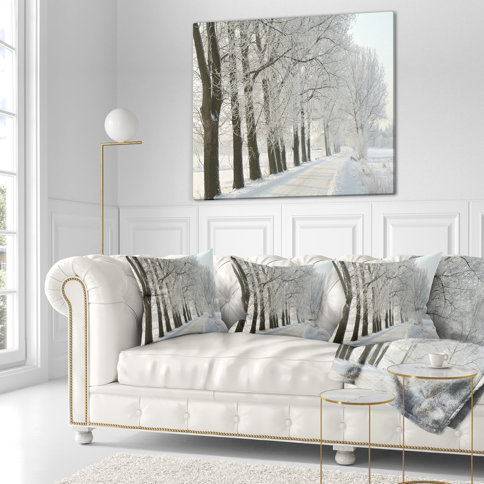 Designart Winter Rural Road at Sunrise - Forest Throw Pillow - 18x18