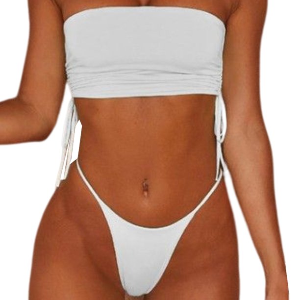 E8BF-traje de baño Bandeau para mujer, Bikini brasileño atrevido de corte alto, traje de baño con cordón sin tirantes, 2 piezas