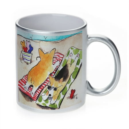 

KuzmarK Silver Sparkle Coffee Cup Mug 11 Ounce - Beach Corgis Welsh Corgi Dog Art by Denise Every