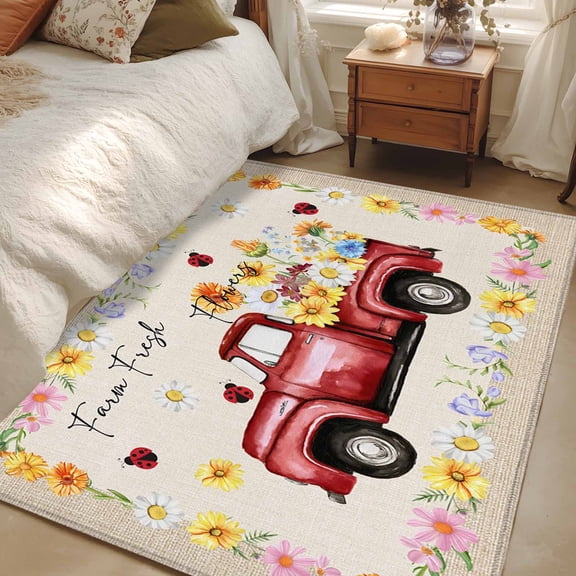 Area Rug for Living Room, Farmhouse Flowers Non-Slip Indoor Large Carpet for Bedroom/Dining Room, Botanical Floral Ladybirds Truck Washable Low-Profile Rectangle Floor Mat Runner Rugs - 3 x 5 Ft