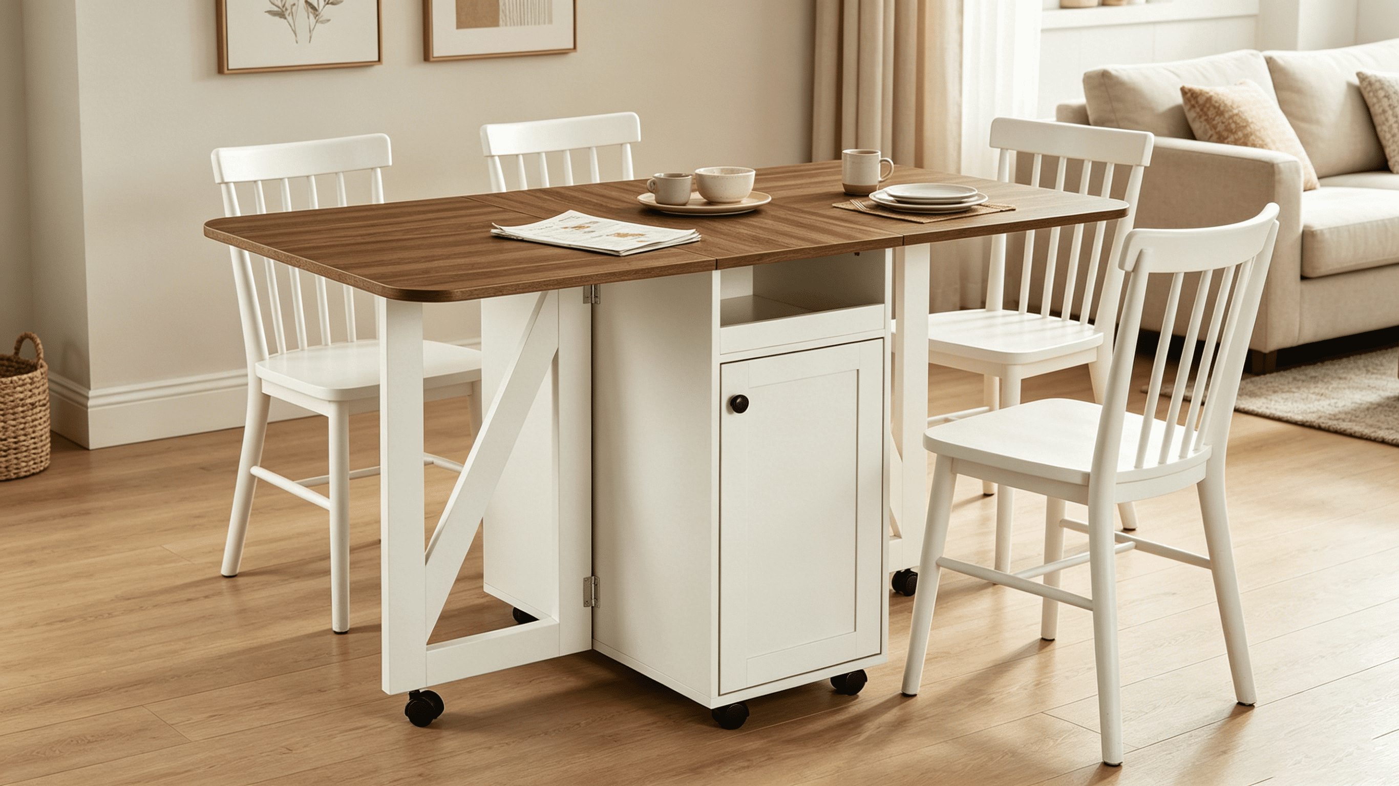 Rolling Drop Leaf Kitchen Island Cart with Expandable Tabletop and Wine Rack, Mobile Storage Cabinet and Serving Cart with Lockable Casters, Beige White and Walnut
