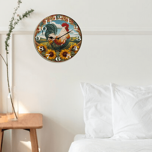 Kurmntregon Farmhouse Rooster Wall Clock Chicken Kitchen Wooden Decorative Wooden Battery Operated Quartz Silent Hanging Clock For Bedroom Living Room Kitchen Coffee Bar Round 10"