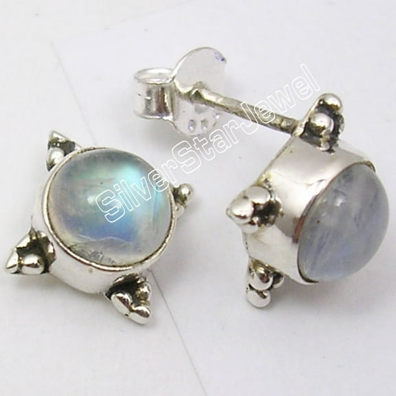 SilverStarJewel 925 Sterling Silver Round Rainbow Moonstone Unisex Jewelry Stud Posts 1.2 CM