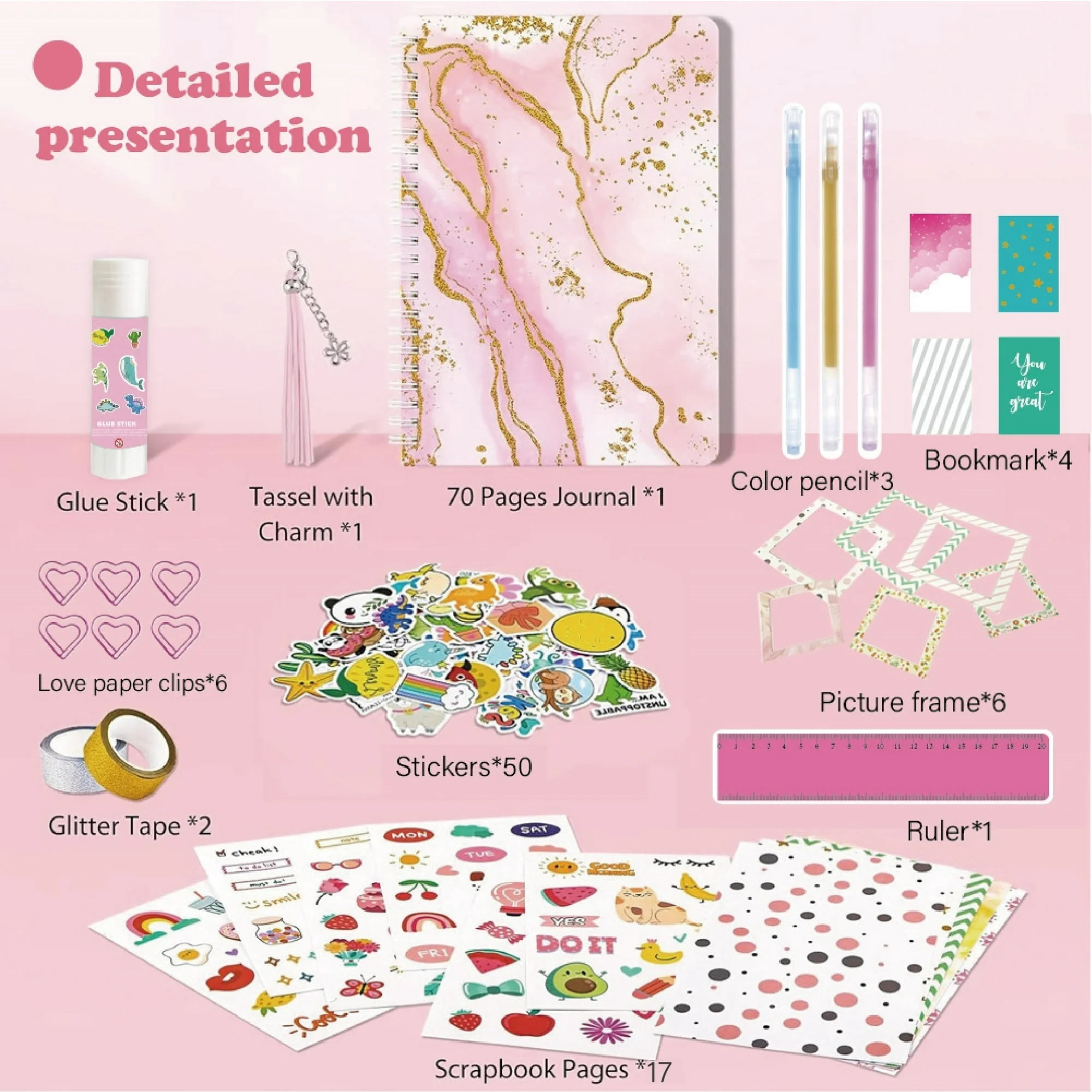 DlY Journal Kit for Girls,48 Pcs Diary Suppies Set,Jouraling Art Crafts Kits,Birthday Gifts for 8-12 Year Old Teen Girl(Pink)