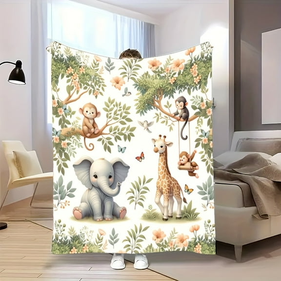 Cartoon Animal  Kids Throw Blankets,Elephant Giraffe Monkey Butterfly Theme Soft Bedding Flannel Blankets for Boys/Girls/Teens Bedroom Sofa Couch Chair 30X40 Inches