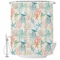 thumbnail image 2 of Teal Jellyfish Starfish Shower Curtains for Bathroom, Summer Beach Coral Shell Retro Washable Fabric Shower Curtain with Hooks Waterproof Bathroom Decor Sets, 66 x 72 Inches, 2 of 9