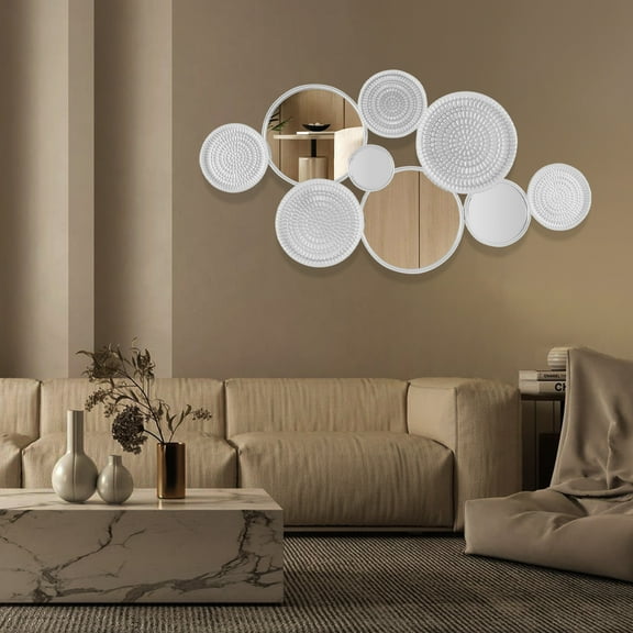 Silver Wall Decorative Mirror,Wall Mount Retro Wall Art Mirror with 4 Clear Round Mirrors & 5 Decorative Discs,45.28 * 22.83Inch Texture Round Wall Mirror for Entryway,Bedroom,Home Decor