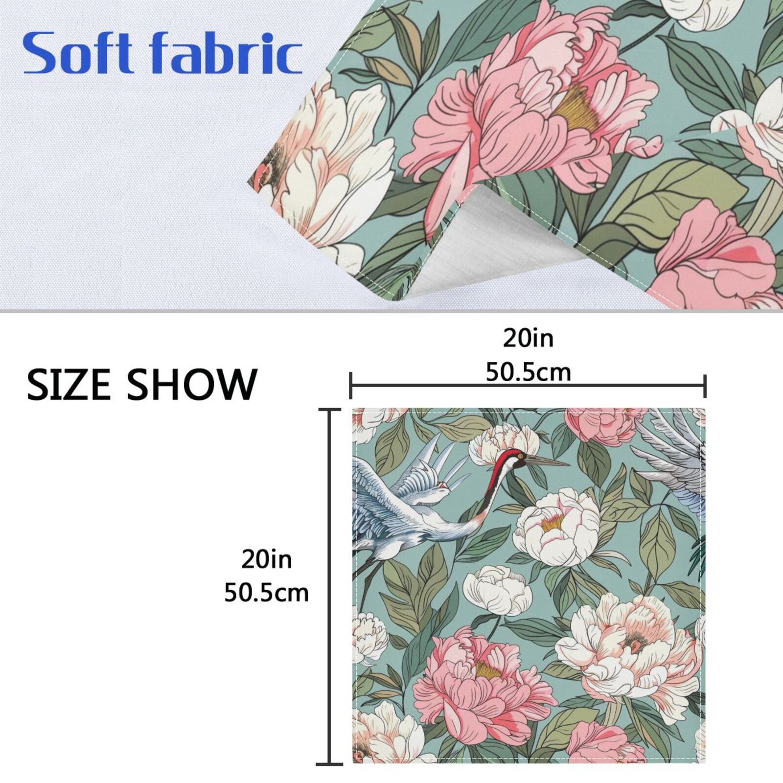 JSTEL Peony Flowers Crane Cloth Napkins Set of 6, 20x20 Inch Washable and Reusable Napkin for Decoupage Dinner Party Everyday Use