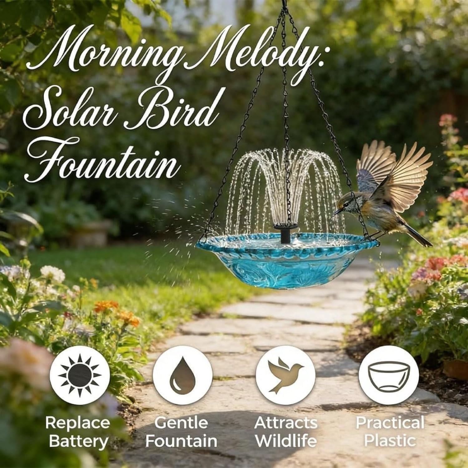 Esterze Solar Cascade Hanging Bird Bath Fountain, with Solar Powered Pump and Glass Bowl, for Garden, Patio, Lawn, Attracting Wild Birds & Hummingbirds