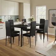 7 Piece Dining Table Set for 6, Kitchen Dining Room Furniture with 6 PU Leather Upholstered Chairs, Suitable for Apartment Small Space, Black